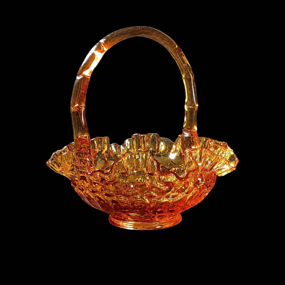 Vintage Fenton Amberina Glass Thumbprint Pattern Basket with Handle